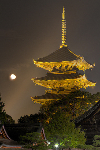 asia-photography:  Five-story pagoda of Tō-ji with Moon - 東寺 五重塔 by Shibazo on Flickr.