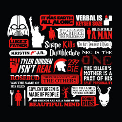 justinrampage:  A ton of your favorite movies have been gathered up, spoiled and served in Olly Moss’ awesome shirt design. Reprints are now on sale at Threadless! Related Rampages: F-Bomb (More) Spoilt by Olly Moss (Tumblr) (Flickr) (Twitter)