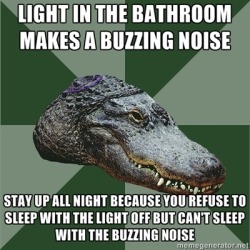 aspiealligator:     [Image description: Background of several pie-style triangles in alternating shades of green with the head of an alligator superimposed over it. Text reads: LIGHT IN THE BATHROOM MAKES A BUZZING NOISE. STAY UP ALL NIGHT BECAUSE YOU