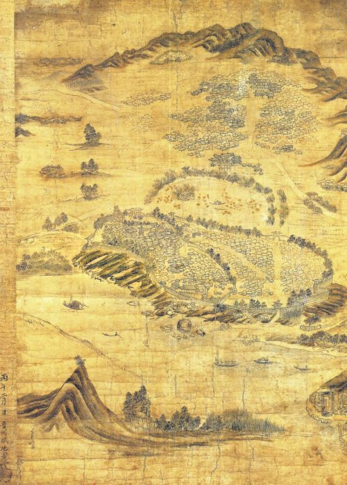 Chinju sŏng chido 晉州城地圖. Late 18th century. A pictorial map of Chinju showing two urban settlements,