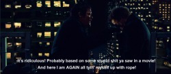 onlywearscardigans:  The Boondock Saints: All Saints Day, Connor’s Plan  Connor: Creative! It’s a creative plan!  Murphy: It’s ridiculous! Probably based on some stupid shit ya saw in a movie!  And here I am AGAIN all tyin’ myself up with rope!