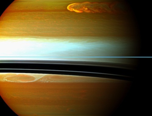 scinerds:  The largest storm seen on Saturn in more than 21 years has now been encircling the planet for a record-breaking 200 days. First appearing as a tiny blemish on Dec. 5, 2010, the storm is still going strong today, surpassing the ringed giant’s
