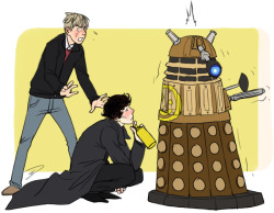 BOREDEXTERMINATEBOOORRREDEXTERMINAAAATE boffeecoffeebee: Could  you draw Sherlock and John getting attacked by a Dalek?