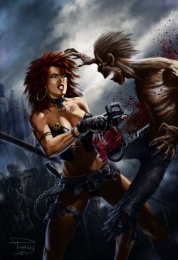 godessofhell:  Chainsaw Babe Vs. The Zombie by Mike Penn. 