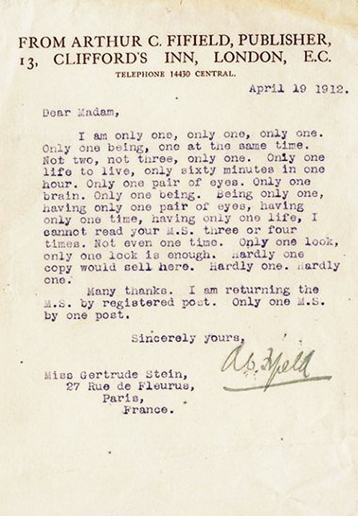 co-stanza:  A publisher rejects Gertrude Stein’s manuscript in 1912, by lampooning