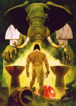 kgthunder:  ‘The Tower of the Elephant’-Probably my favorite Conan story. Artist: Manuel Sanjulián  Mistook this for Atari 2600 cover art. I still want to play this.