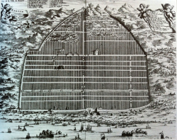 mythologyofblue:  Town plan of Kanton, China. From l’Ambassade de la Compagnie Orientale, 1665 +