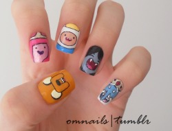 omnails:  Adventure Time nail art | Requested by one of my super awesome followers! This is an awesome show, and I really hope you enjoy my nail art :) xoxo it’s not adventure time, it’s nail art time now :D 