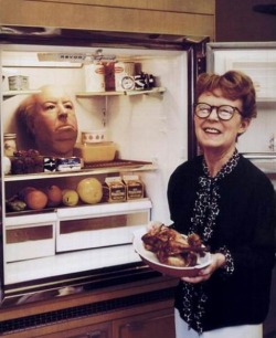 fox-at-the-door:  Alfred Hitchcock’s wife, Alma Reville, poses lovingly with a refrigerated prop head of her dear husband.  I want a wife like this