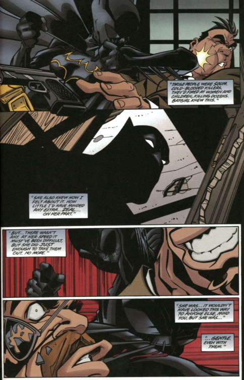 shobogan:Bruce narrates as Batgirl fights.Bruce: Those people were scum. Cold-blooded kills. They’re