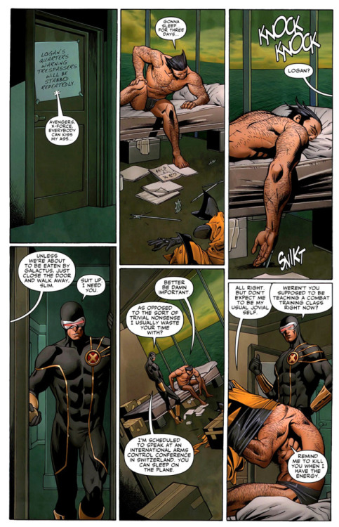 homocomix:  Wolverine tries to get a sleep in his briefs - woof! from X-Men: Schisms #1 via Shirtles