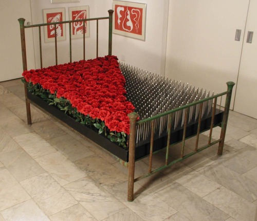 jean-luc-gohard:  sohideyoureyes:  It’s a fine line between pleasure and pain.  The irony here is that you’d be able to lay flat on the bed of nails without injury because of the distribution of weight but you’d just sink into the roses and get