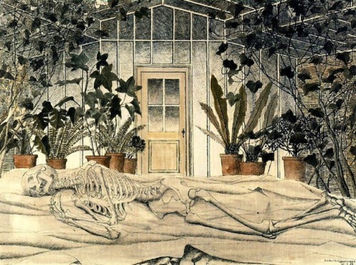 dappledwithshadow:kirgiakos:Paul Delvaux, The winter. Skeleton in a greenhouse, 1952. China ink pen 