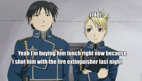 [image: Riza quietly smiling at Roy with the text “[740]: Yeah I’m buying him lunch righ