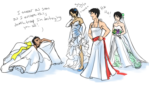 everwhore:colours07:quixoticlimn:Request 09! myfemalegaze asked for The Robins in wedding gowns. It 