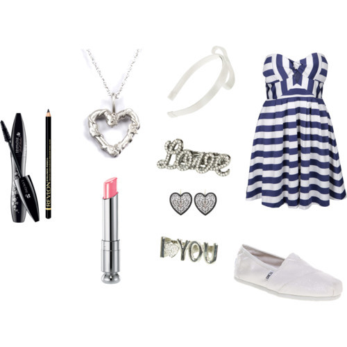 ihartmable:  OutFit by mable916 featuring diamond jewelry Toi Et Moi stripe dress, 赀TOMS leather flat, £40Catherine Michiels diamond jewelry, 跴Fifi Bijoux collar necklace, £88Wet Seal ring, 15 CADWet Seal heart jewelry, ů.50L Erickson hair bow