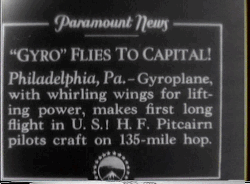 “GYRO” FLIES TO CAPITAL! 12/19/1928
An autogyro piloted by H.F. Pitcairn circles Washington DC landmarks in this newsreel dated December 19, 1928, one day after the first autogyro flight was reportedly made in the US.