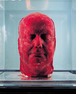 worshipseitan:  This is Marc Quinn’s most famous piece of work, Self,made using 4.5 litres of his own blood, which was slowly extracted from his body over a period of five months and frozen in a cast of his face. Quinn has been making these roughly