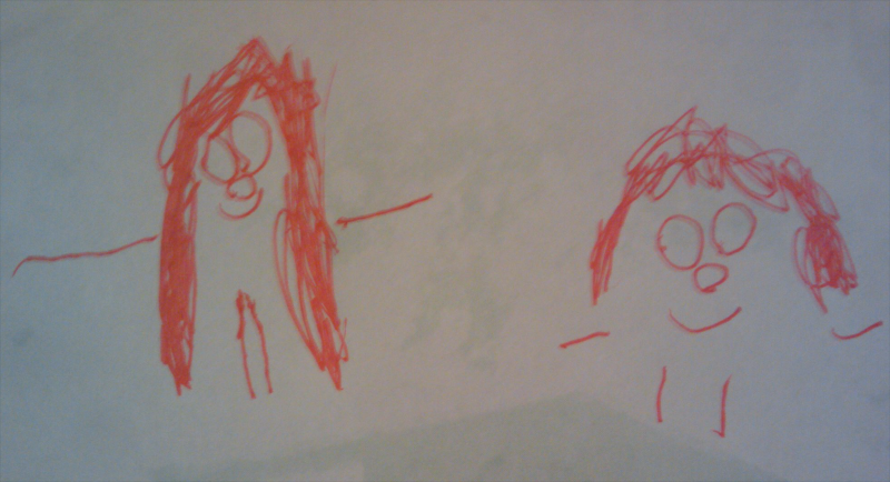 Me and my 4-year-old sister Chloe, as drawn by Chloe. (I&rsquo;m the one on the