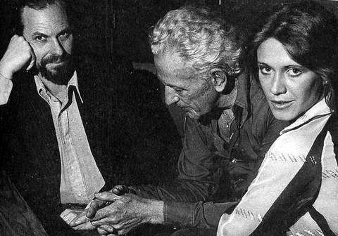 Pictured with actor Rip Torn and director Nicholas Ray, 1976. From the book Nicholas