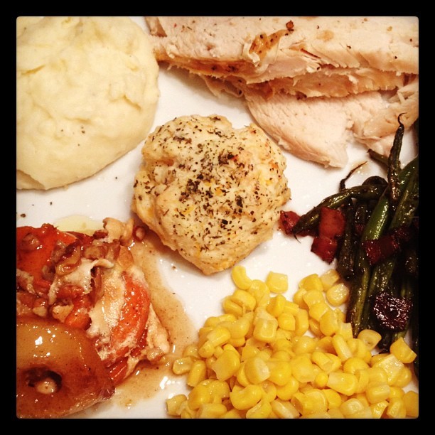 I made this all by myself. Herb crusted turkey, bacon French green beans, corn off