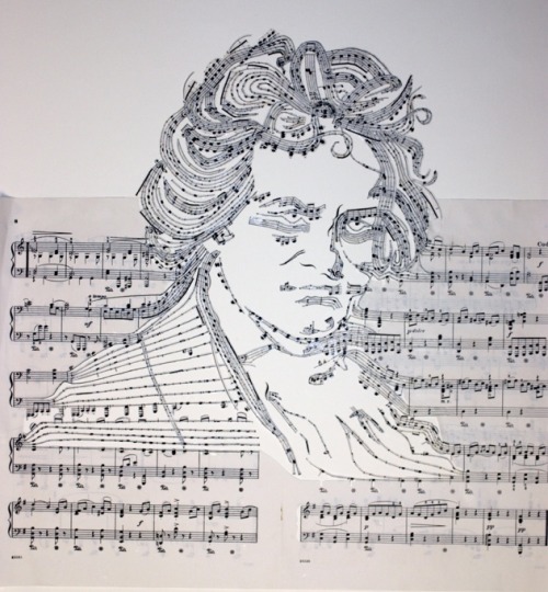 coloredmondays:  Beethoven in Music by Erika Iris Simmons Using an X-acto knife, Erika cut up actual Beethoven sheet music, carefully keeping each note and bar in place before rearranging them into a portrait of the iconic composer, as if Beethoven was