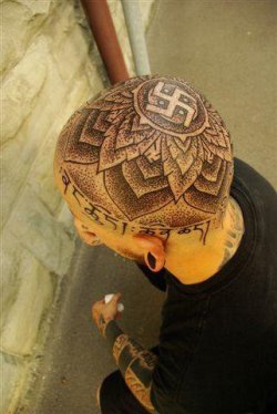 dustinupstate:  thicktummy:  is this really necessary though like was it really necessary to put a swastika right on your fucking skull  If this was done at little swastikas shop, which stylistically it’s quite likely (note the little swastikas hidden