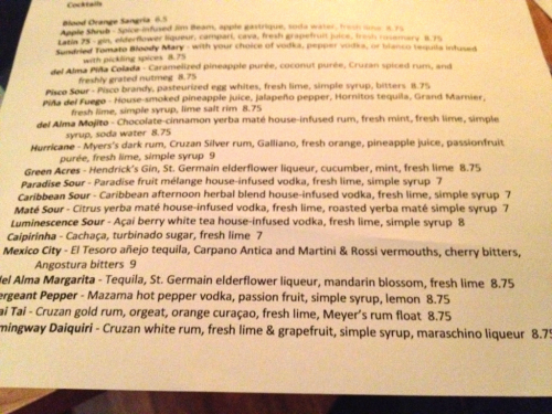 Cocktail menu at Del Alma in Corvallis, Oregon. Classics like Pisco Sour &amp; Hemingway Daiquiri an