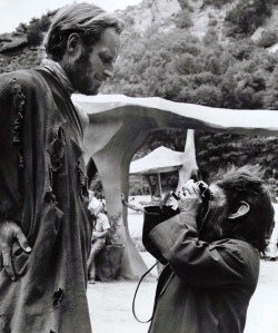 hollyhocksandtulips:  oldhollywood:  Charlton Heston and some damn, dirty ape on the set of Planet of the Apes (1968, dir. Franklin J. Schaffner) Photo by Dennis Stock for Magnum.  Yes!! 