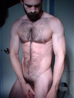Hairy chest, legs,Beard and Mustache.