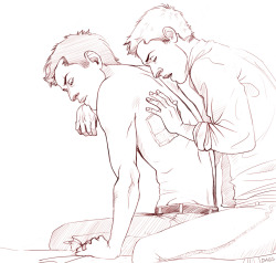 daggomusprime-blog:A commission for umbrellas_can. She asked for a digital sketch of a hurt/comfort sort of scene, with Dean patching up a injured Cas, secretly enjoying his vulnerability and being able to touch him. I think I was going to do a more