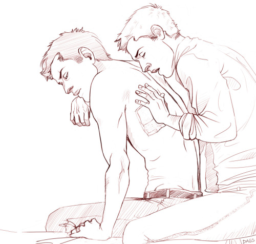 daggomusprime-blog:A commission for umbrellas_can. She asked for a digital sketch of a hurt/comfort sort of scene, with Dean patching up a injured Cas, secretly enjoying his vulnerability and being able to touch him. I think I was going to do a more