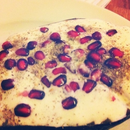 From Yotam Ottonlenghi’s Plenty: eggplant with buttermilk mix, zataar spice and pomegranate (Taken with instagram)