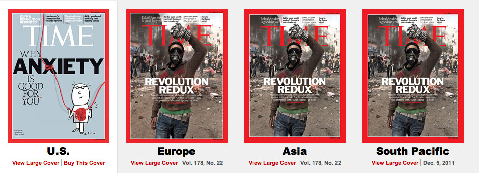 This week’s American Time Magazine cover versus Time Magazine around the world
The rest of the world: Egypt is burning again. America: Stressed out? It’s good for you. Nothing to see here.
Via