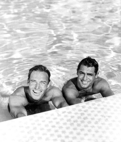 Randolph Scott and Cary Grant at home in their pool, 1930s