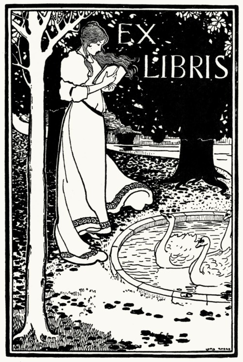 oldbookillustrations:  Ex-libris with swans From A collection of book plate designs, by Louis Rhead,
