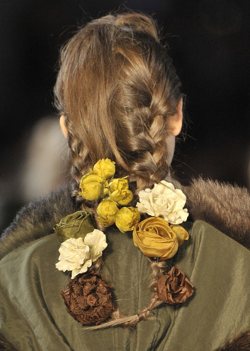 adjectival-deactivated20150115:  details of Kenzo F/W 2011, braided hair adorned with silk flowers 