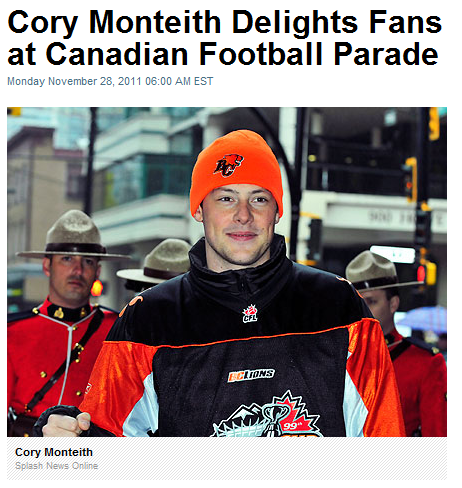 Cory Monteith was named the grand marshal of Vancouver’s Grey Cup parade, and the Glee star sure dressed the part. Sporting a BC Lions jersey, with his name printed on the back, the actor waved to the crowd from the back of a large gray pick-up truck...