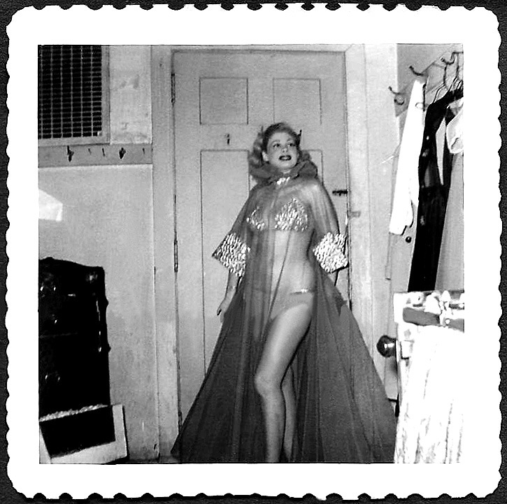 Trudy Wayne A candid backstage photo, taken in 1953 at a burlesque theatre in Minneapolis,