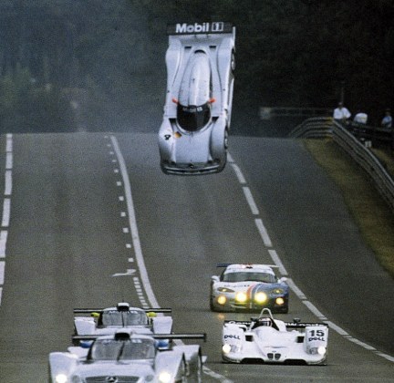 45-9mm-5-56mm:  getamongst-it:  1985zcar:  bosomode:  europeancarlove:  hakkalocken:  Morning warm-up, Le Mans 1999.  Approaching Mulsanne, Mark Webber’s CLR takes flight.  Probably the biggest “Oh shit…” moment in racing  this was done on photoshop