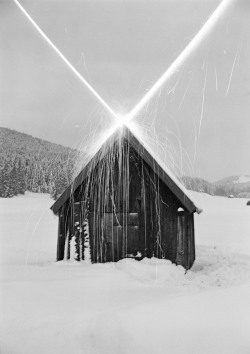 Haus mit Raketen photo by Roman Signer, 1981