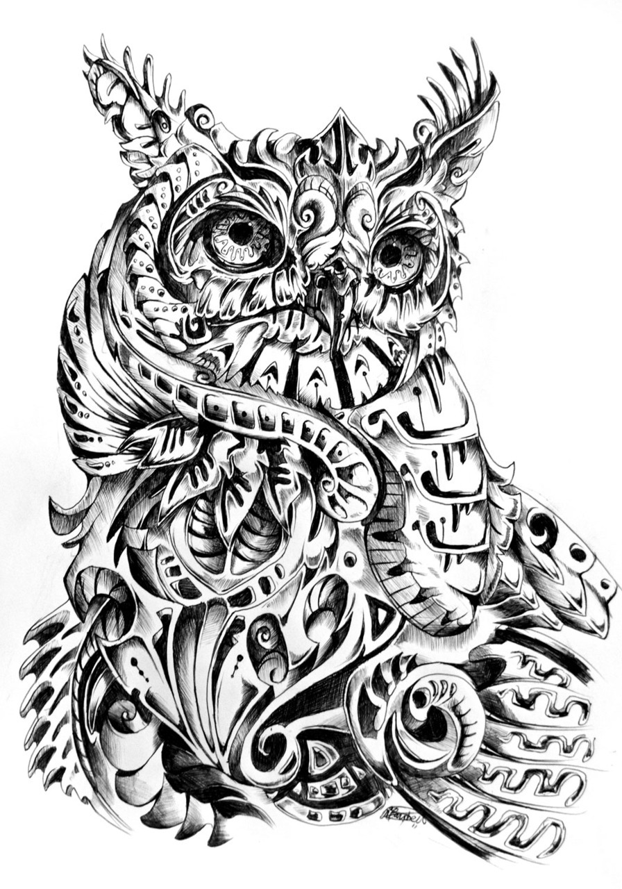 rene-art:  Observer Abstract interpretation of the Great Horned Owl Black ball point