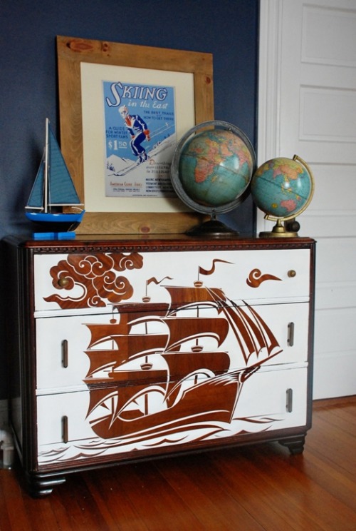 DIY Reverse Stencil Dresser. I find it almost impossible to paint over wood, but this is beautifully