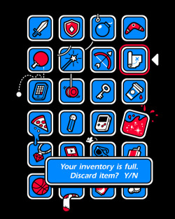 justinrampage:  Don’t you just hate it when your real life inventory fills up? Mitch Ansara’s fun filled video game shirt design is now up for vote at Threadless. Related Rampages: Wooly Wookiee Sketch (More) Inventory by Mitch Ansara / Spacesick (Flickr)
