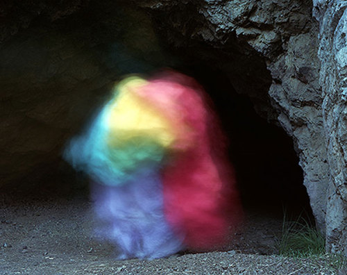 cordisre:  Photographer Brice Bischoff used the caves to create technicolor ghosts created with colored paper and long exposures. 