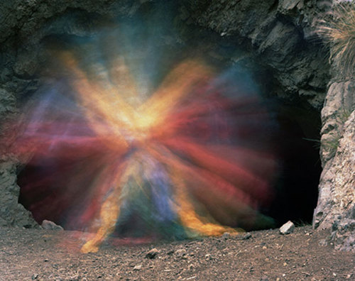 cordisre:  Photographer Brice Bischoff used the caves to create technicolor ghosts created with colored paper and long exposures. 