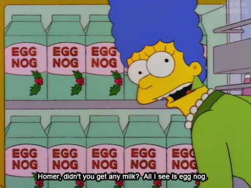 fyspringfield:  fuckyeahimwastingmylife asked:   Please please please, a photoset from the Xmas episode when Homer buys gallons of eggnog instead of milk 