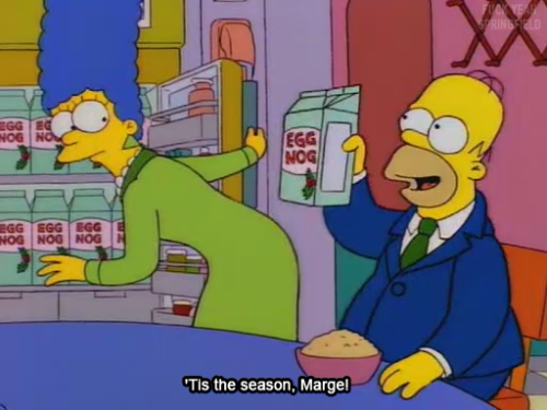 fyspringfield:  fuckyeahimwastingmylife asked:   Please please please, a photoset from the Xmas episode when Homer buys gallons of eggnog instead of milk 