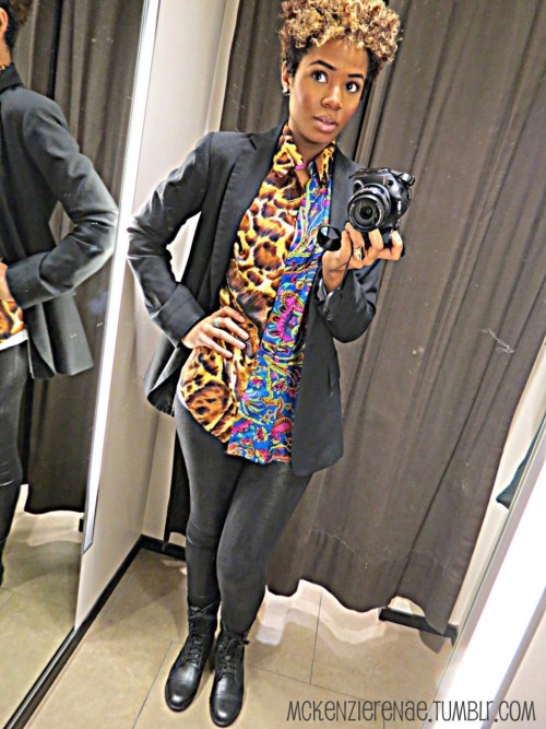 Don’t be scared of wild and bold prints! Tone it down with all black ;)
What I have on:
-Kenna T Blazer
-Versace silk,long sleeve dress shirt (thrifted)
-Alice & Olivia second skin leggings
-Steve Madden motorcycle boots
-My new baby :)