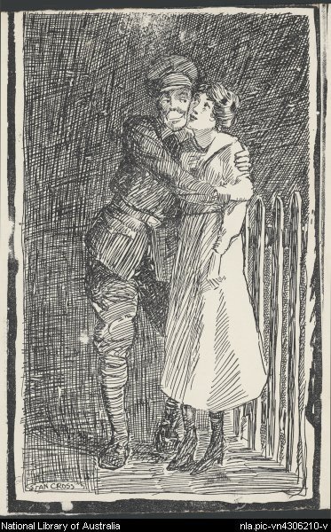 Soldier hugging a woman beside a fence
ca.1915
- Cross, Stan, 1888-1977.